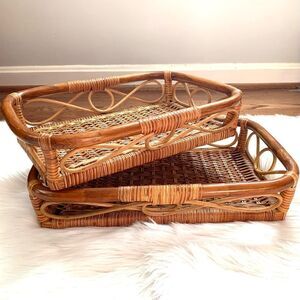 VTG Vintage Rattan Bentwood Nesting Basket Trays - Set of Two (2)